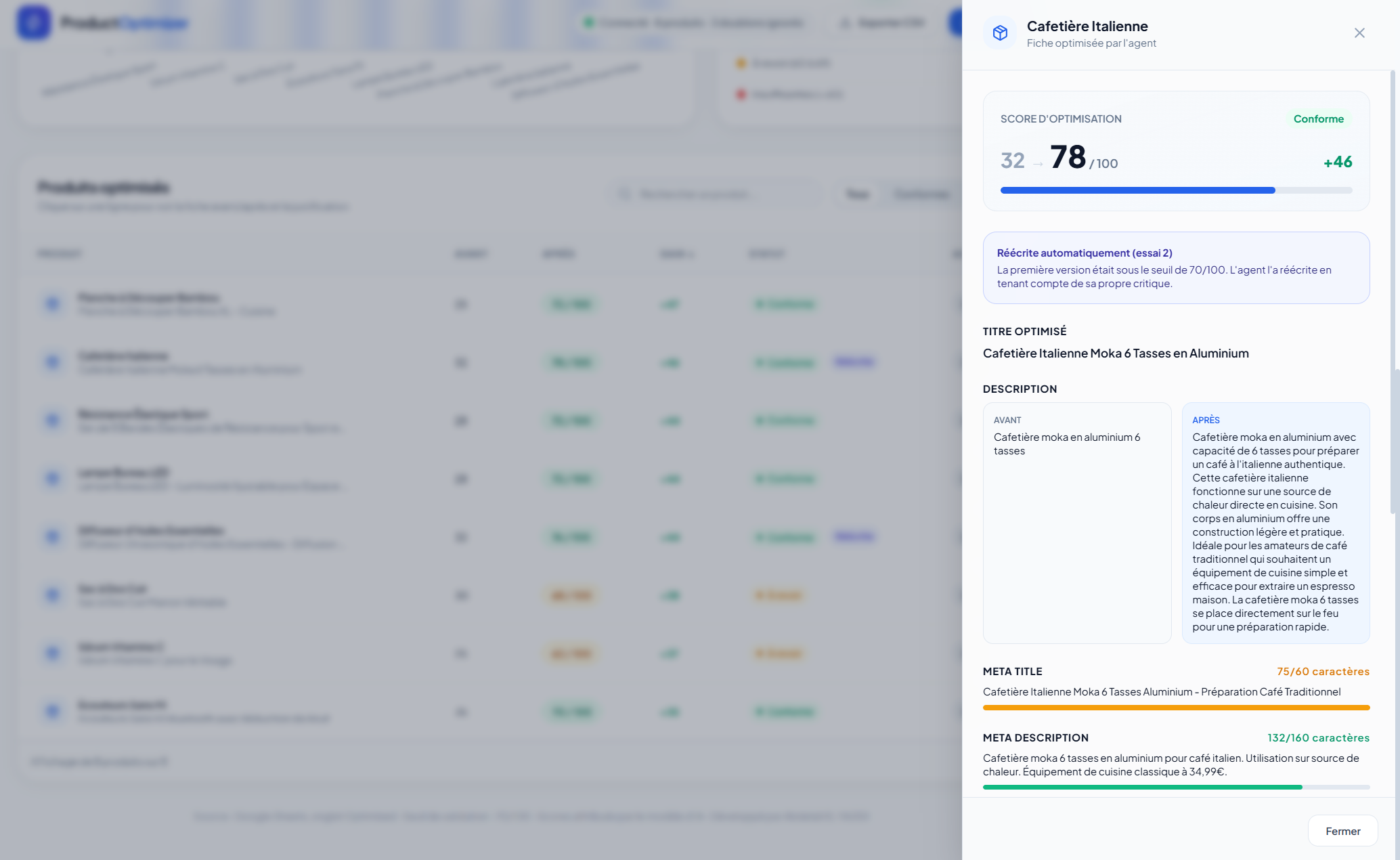 Détail d'une fiche optimisée par l'agent